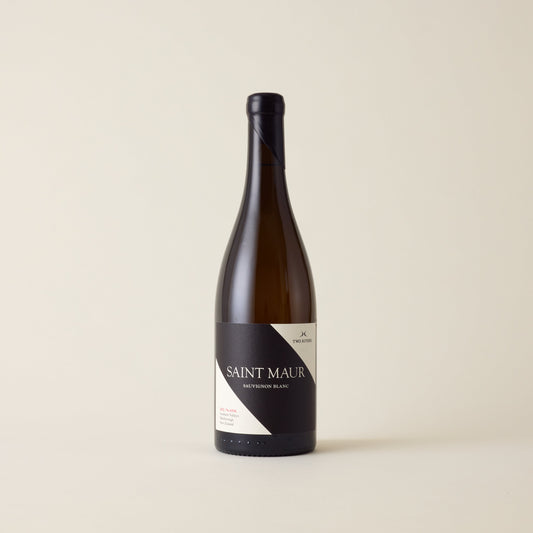 White wine bottle with Sauvignon Blanc inside. A white and black label with Saint Maur logo. A black wax seal and neck label.