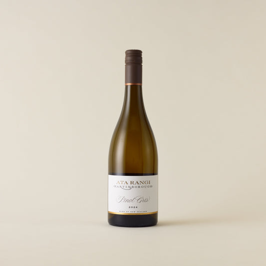White wine bottle with pinot gris wine inside. A white label with Ata Rangi logo. A brown screwtop and neck label.