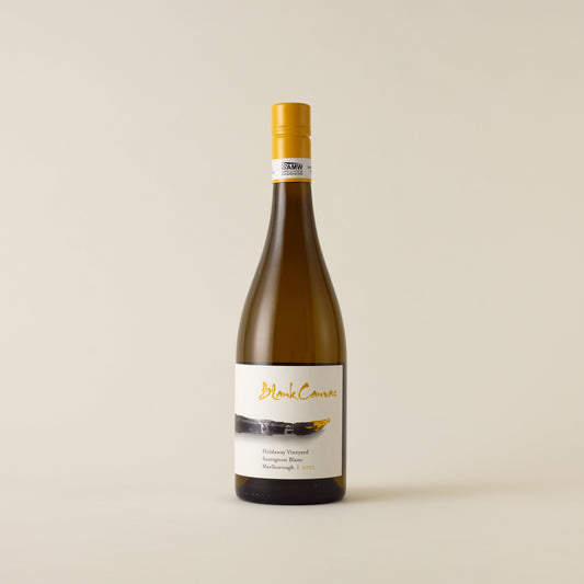 White wine bottle with sauvignon blanc wine inside. A white label with Blank Canvas logo and paint brush design. A yellow screwtop and neck label.