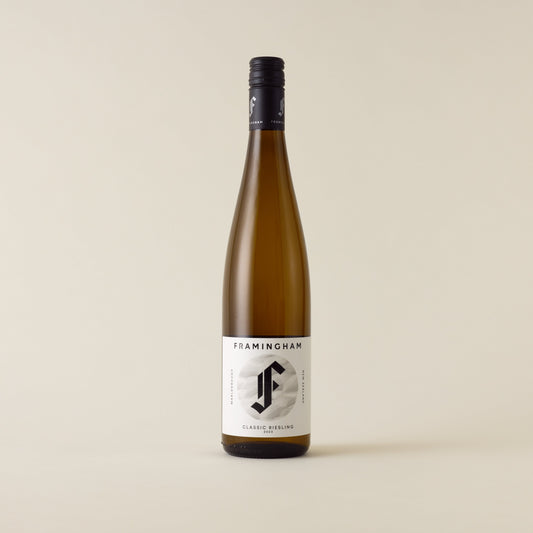 White wine bottle with Riesling wine inside. A white label with Framingham F logo. A black screwcap and neck label.