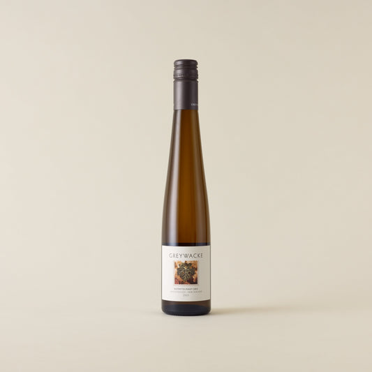 Sweet wine bottle with Pinot Gris wine inside. A white label with Greywacke logo and image of vine. A matte grey screwcap and neck label.