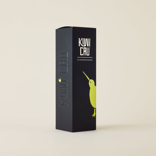 A charcoal individual wine box with Kiwi Cru logo and kiwi bird illustration.