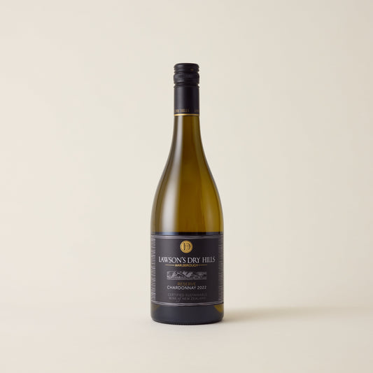 White wine bottle with Chardonnay wine inside. A black label with Lawson's logo. A black crewtop and neck label.