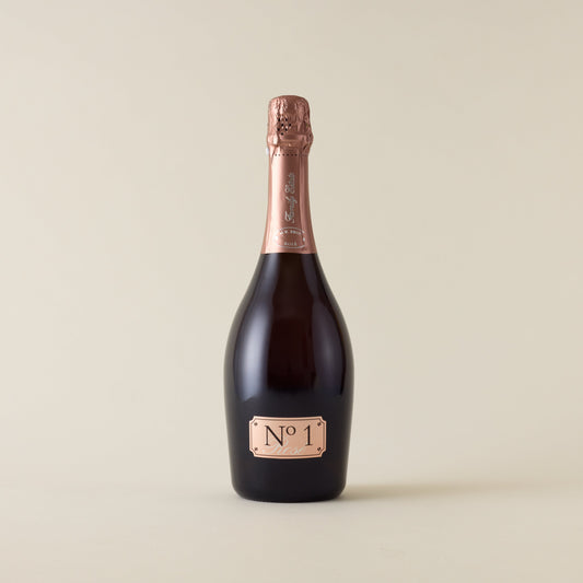 Sparkling rose wine bottle with pinot noir wine inside. A pink label with the No1 family estate logo. A pink foil and neck label.