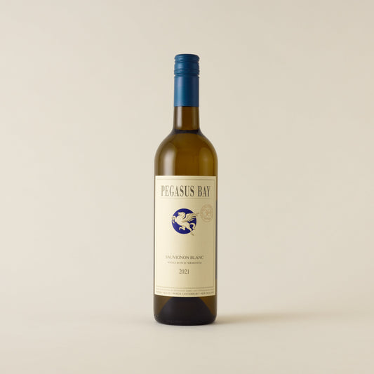 White wine bottle with Sauvignon Blanc wine inside. A white label with Pegasus horse logo. A blue screwcap and neck label.
