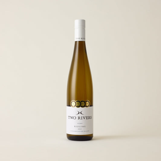 White wine bottle with riesling wine inside. A white label with two rivers logo. A white screwcap and neck label.