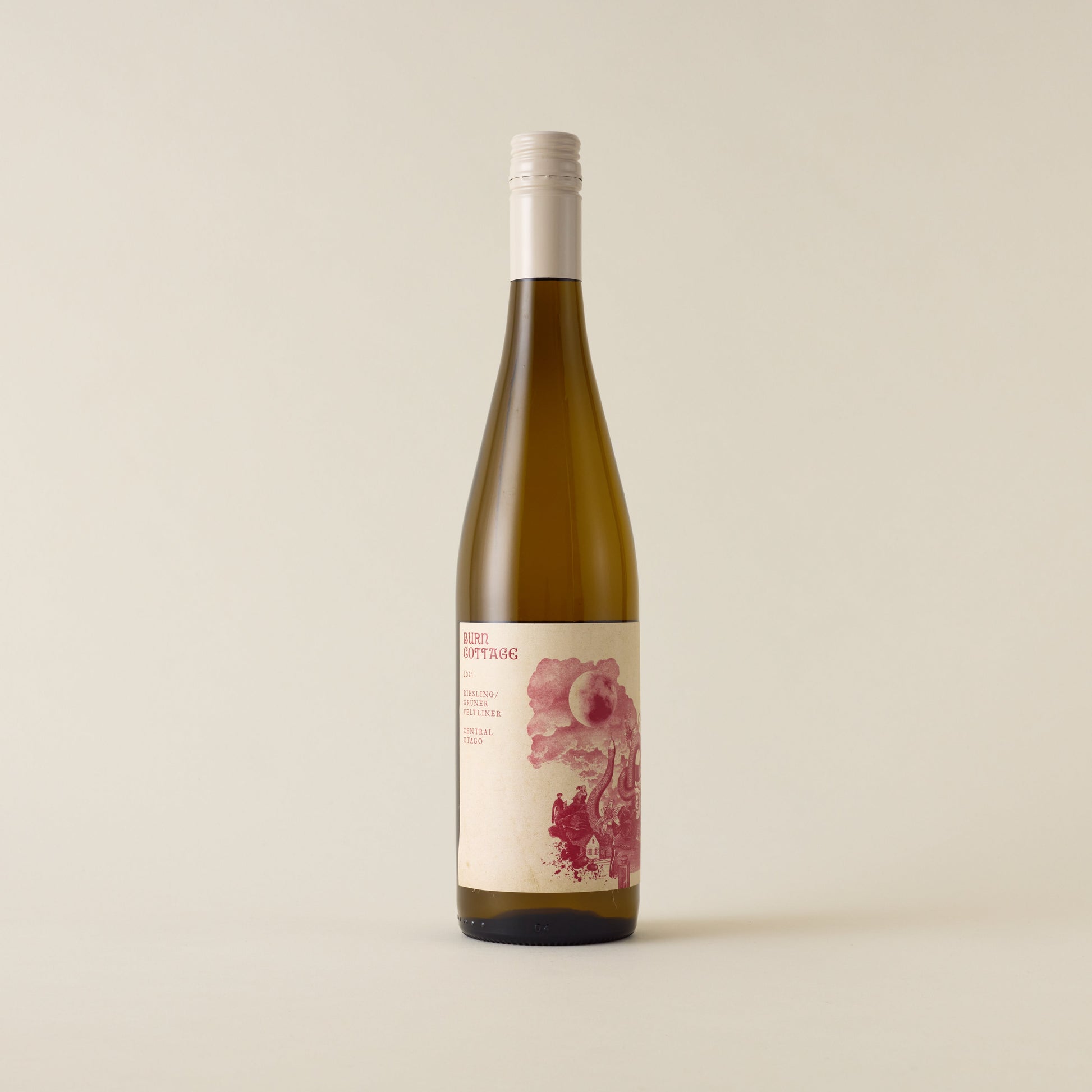 White wine bottle with Riesling wine inside. A cream label with burn cottage logo. A cream screwtop and neck label. 