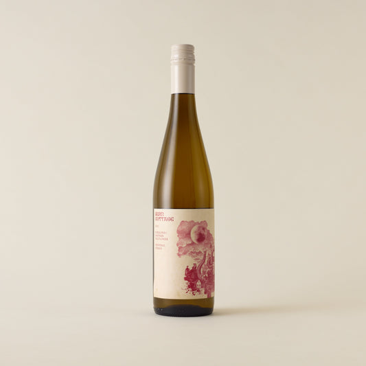 White wine bottle with Riesling wine inside. A cream label with burn cottage logo. A cream screwtop and neck label. 
