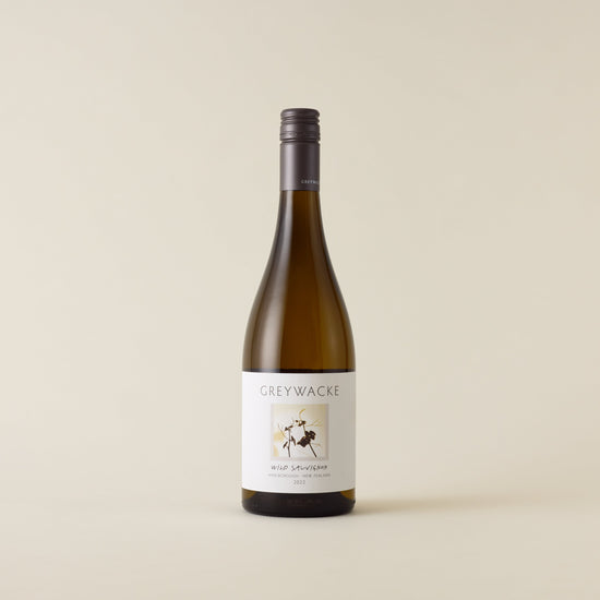 White wine bottle with Sauvignon Blanc wine inside. A white label with Greywacke logo and image of vine leaf. A matte grey screwcap and neck label.