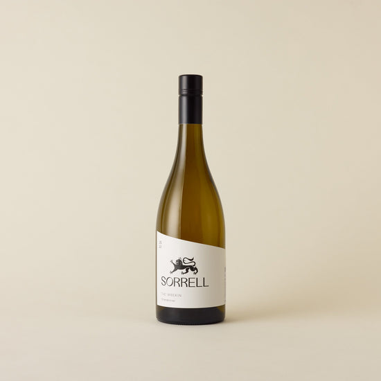 A white wine with chardonnay wine inside. White label with black Sorrell logo and lion design. A black screw cap and neck label. 