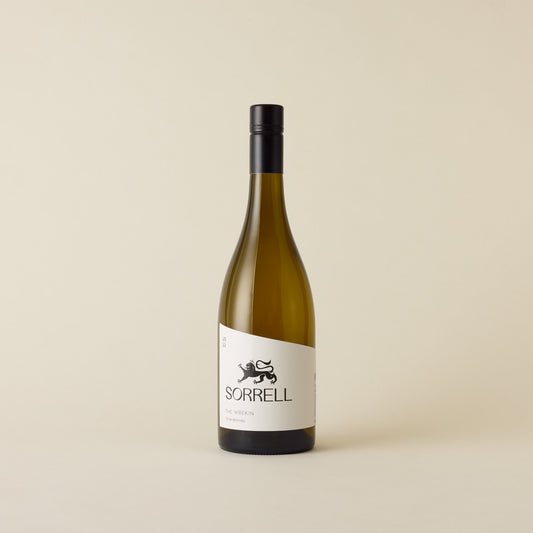 A white wine with chardonnay wine inside. White label with black Sorrell logo and lion design. A black screw cap and neck label. 