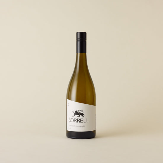 A white wine with sauvignon blanc wine inside. White label with black Sorrell logo and lion design. A black screw cap and neck label. 