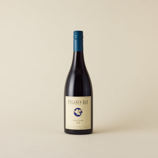 A red wine with pinot noir inside. Cream label with Pegasus Bay logo and Stallion design. A navy blue screw cap and neck label. 