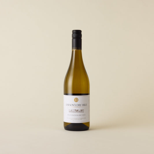 A white wine with sauvignon blanc wine inside. White label with Lawsons Dry Hills logo. A black screw cap and neck label. 
