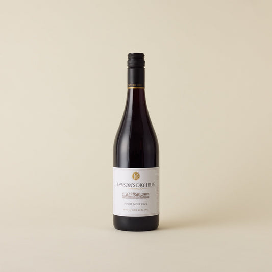 A red wine with pinot noir wine inside. White label with Lawsons Dry Hills logo. A black screw cap and neck label. 