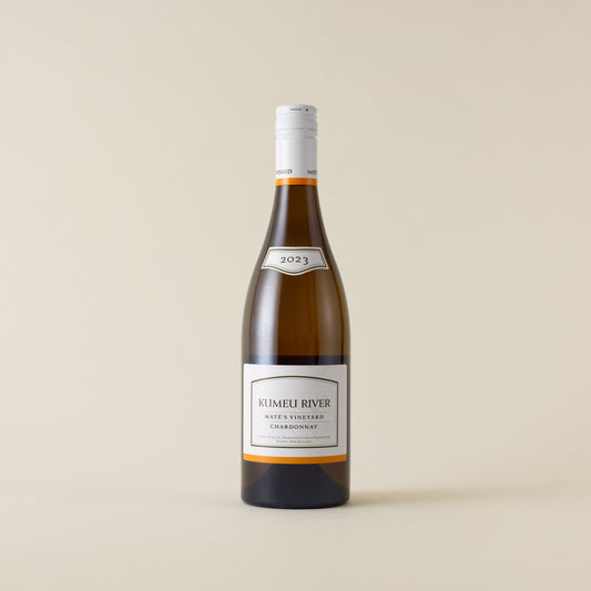 White wine bottle with Chardonnay wine inside. A white label with Kumeu River logo. A white screwcap and neck label.