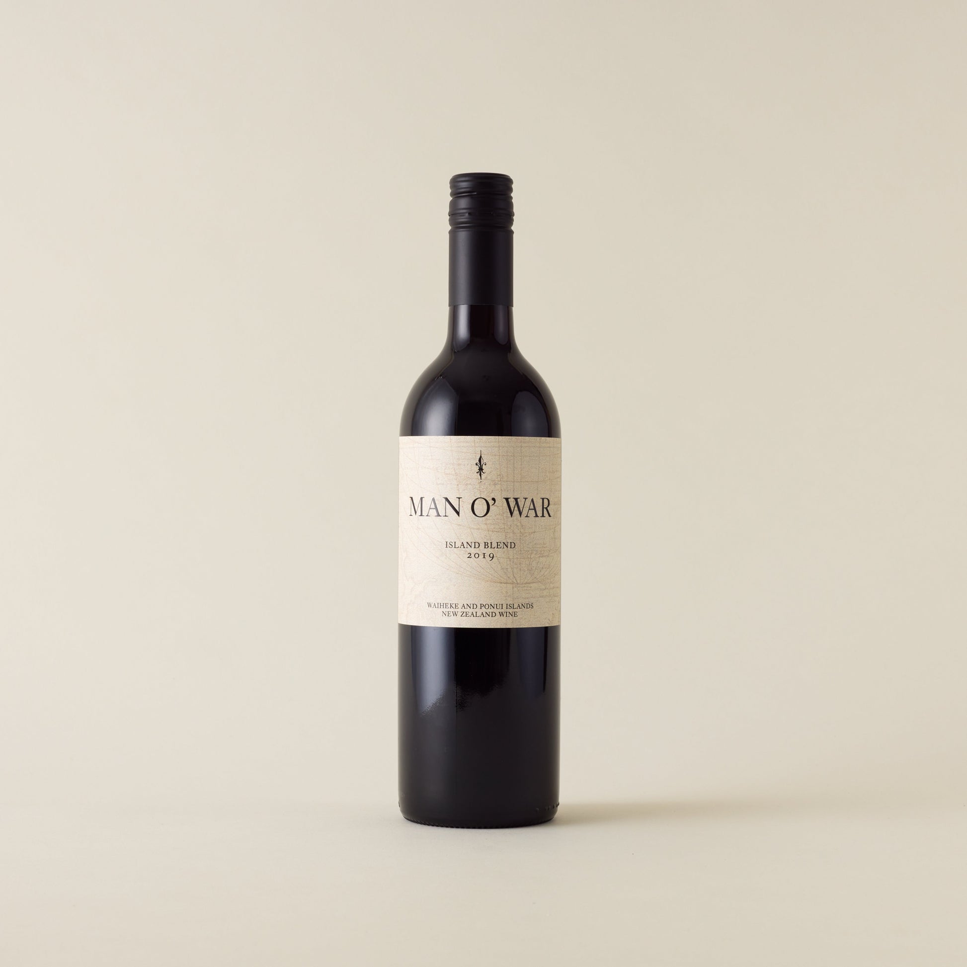 Red wine bottle with malbec and merlot wine inside. A cream label with Man O War logo. A black screwcap and neck label.