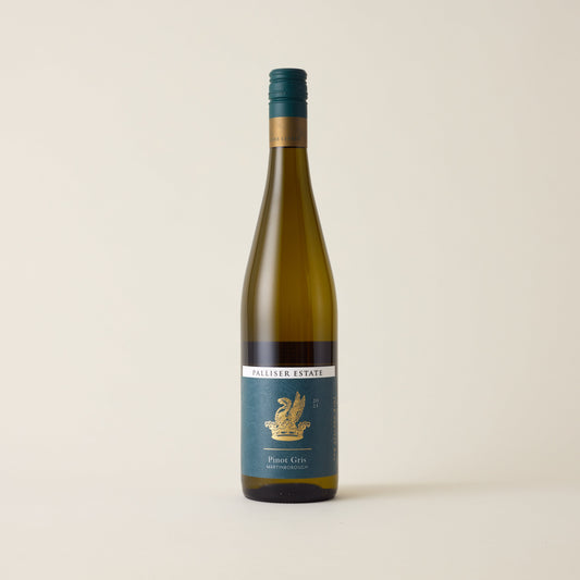 White wine bottle with Pinot Gris wine inside. A forest green label with Palliser logo in gold. A green screwtop and gold neck label.