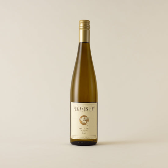 White wine bottle with Riesling wine inside. A cream label with Pegasus horse logo. A gold screwcap and neck label.