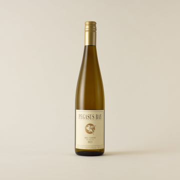 White wine bottle with Riesling wine inside. A cream label with Pegasus horse logo. A gold screwcap and neck label.
