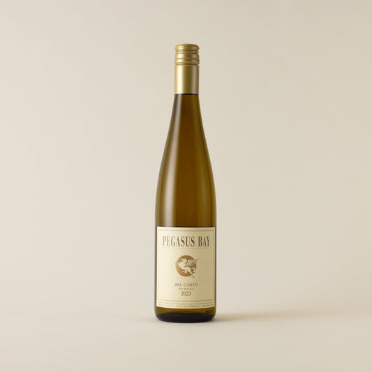 White wine bottle with Riesling wine inside. A cream label with Pegasus horse logo. A gold screwcap and neck label.