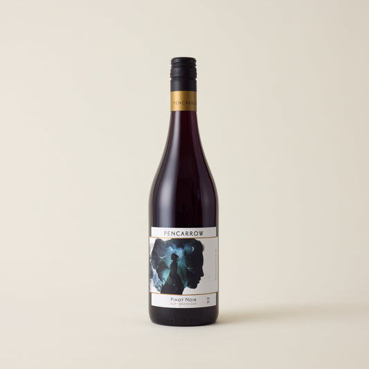 Red wine bottle with Pinot Noir wine inside. A white label with a women's head shape in green and Pencarrow logo. A black screwcap and gold neck label.